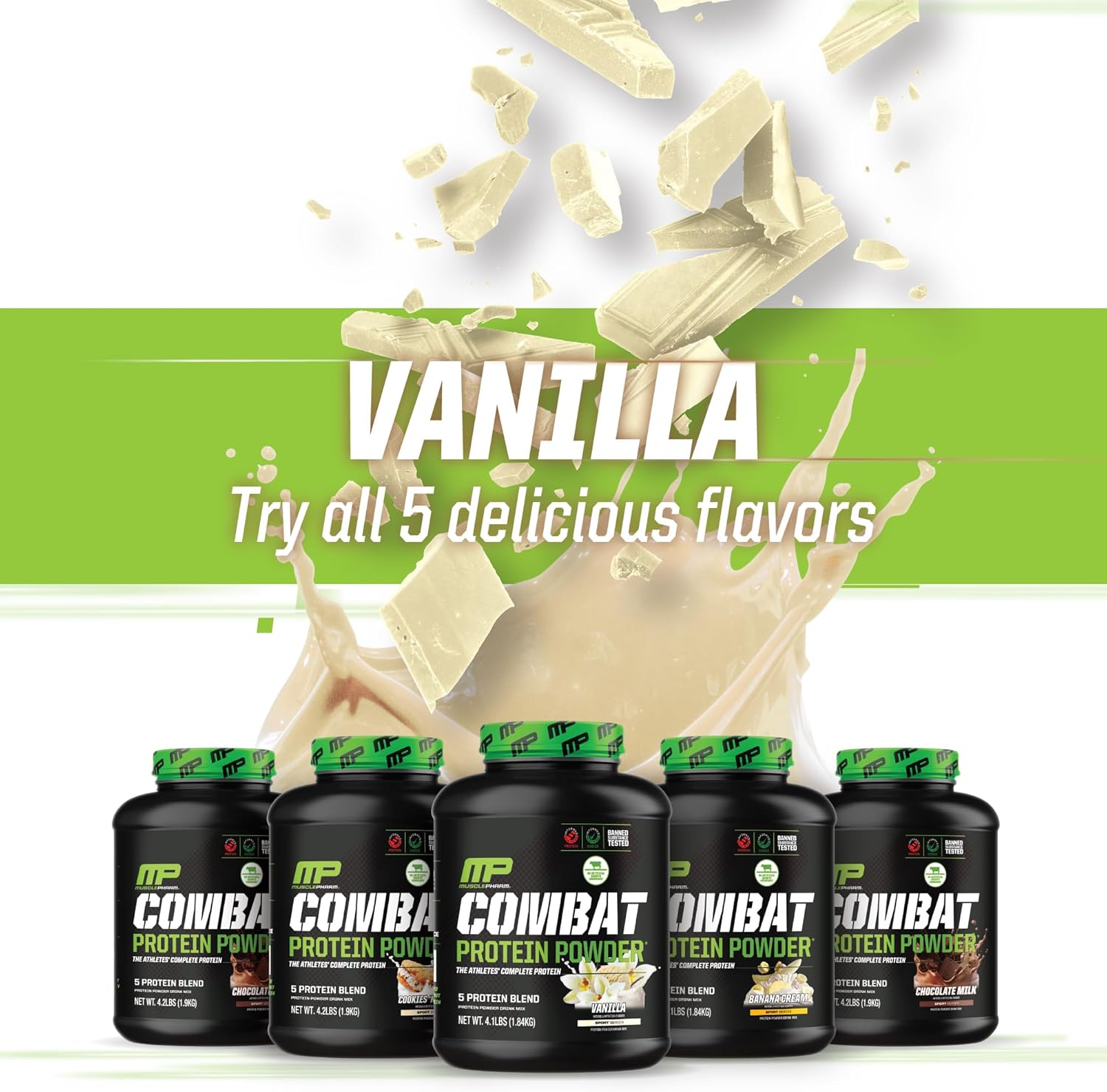 MusclePharm Combat Protein Powder, Vanilla - 5 Protein Sources, Gluten Free, 4 lb, 52 Servings for Enhanced Workouts