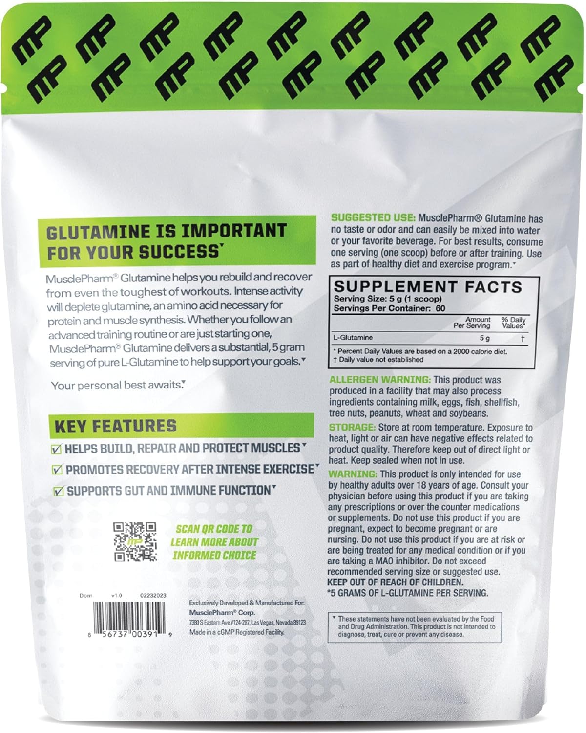 MusclePharm Essentials Glutamine Powder: Post Workout Recovery, Energy, and Gut Health Support - 5g L Glutamine per Serving - Gluten-Free - 60 Servings