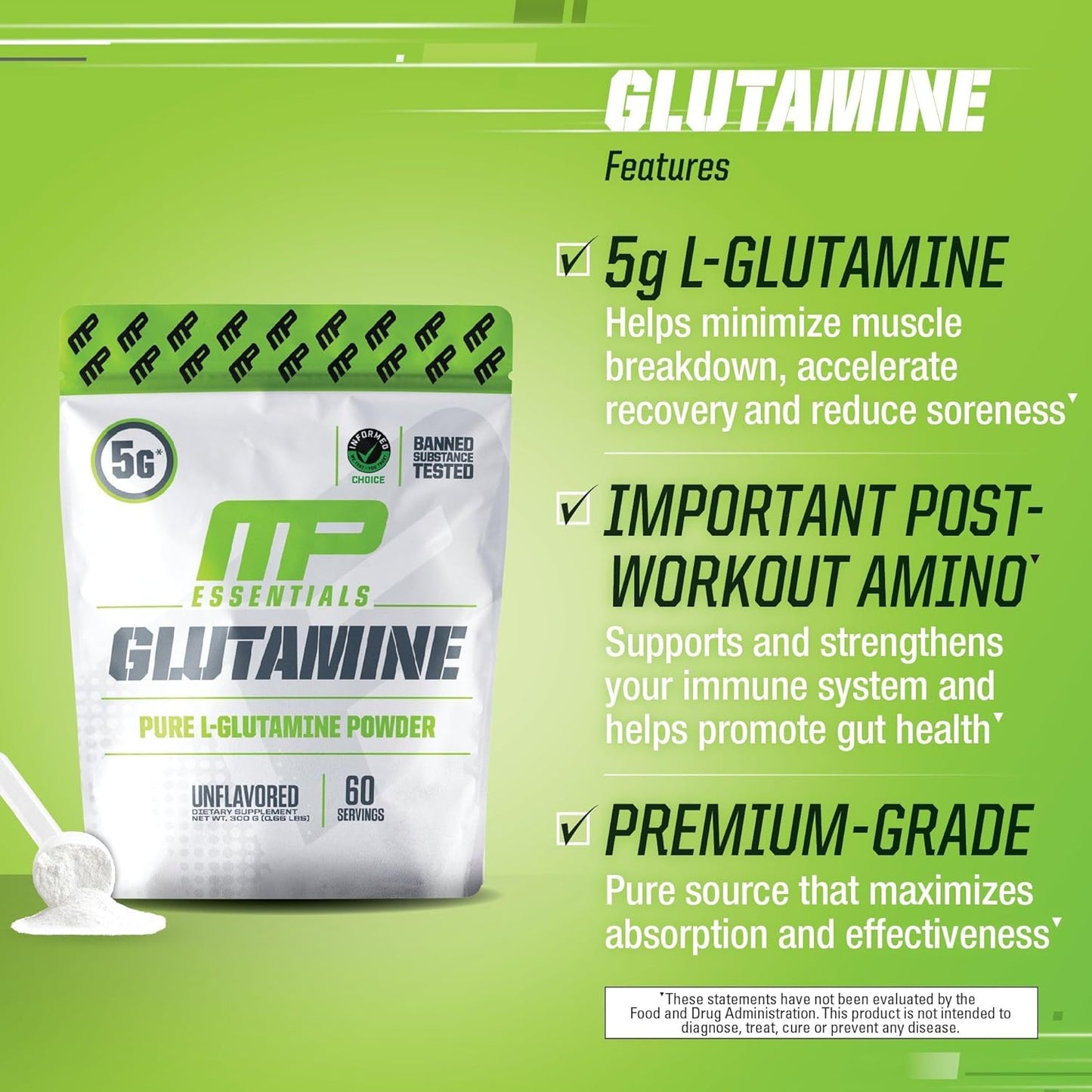 MusclePharm Essentials Glutamine Powder: Post Workout Recovery, Energy, and Gut Health Support - 5g L Glutamine per Serving - Gluten-Free - 60 Servings