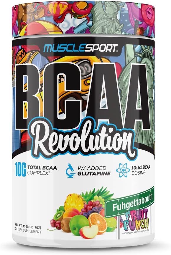 Musclesport BCAA Revolution Amino Acid Powder Supplement - Intra Workout Training Complex - Recovery Aid for Men & Women - Fuhgettaboutit Fruit Punch Flavor - 30 Servings
