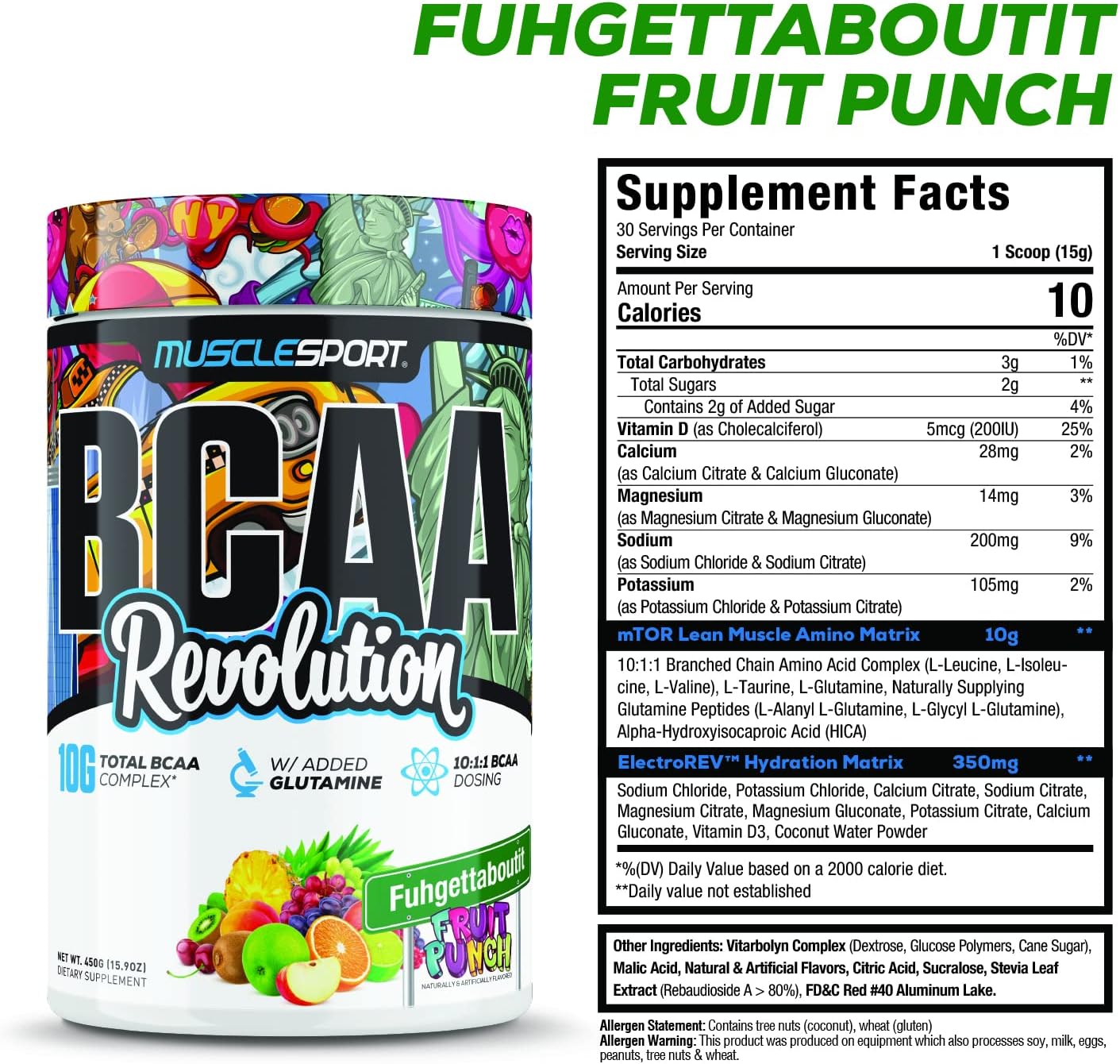 Musclesport BCAA Revolution Amino Acid Powder Supplement - Intra Workout Training Complex - Recovery Aid for Men & Women - Fuhgettaboutit Fruit Punch Flavor - 30 Servings