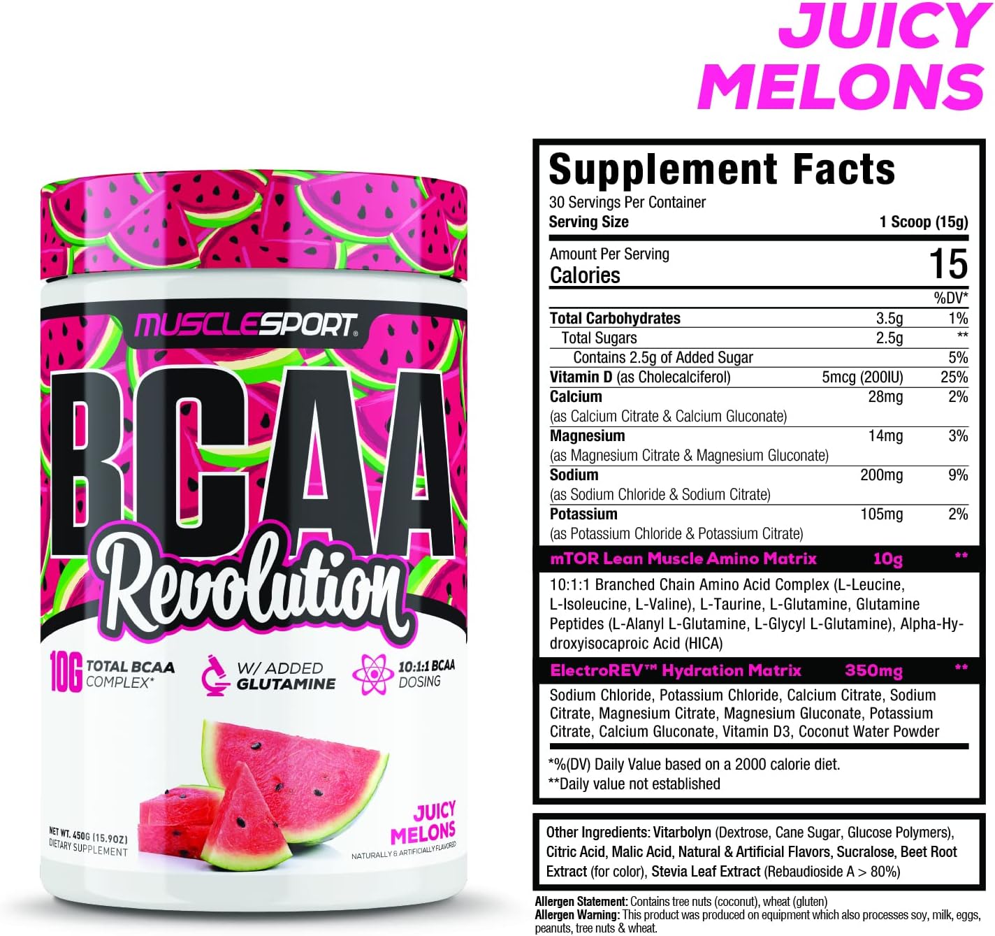 Musclesport BCAA Revolution Amino Acid Powder Supplement - Intra Workout Complex for Men & Women - Recovery Aid (Juicy Melons, 30 Servings)