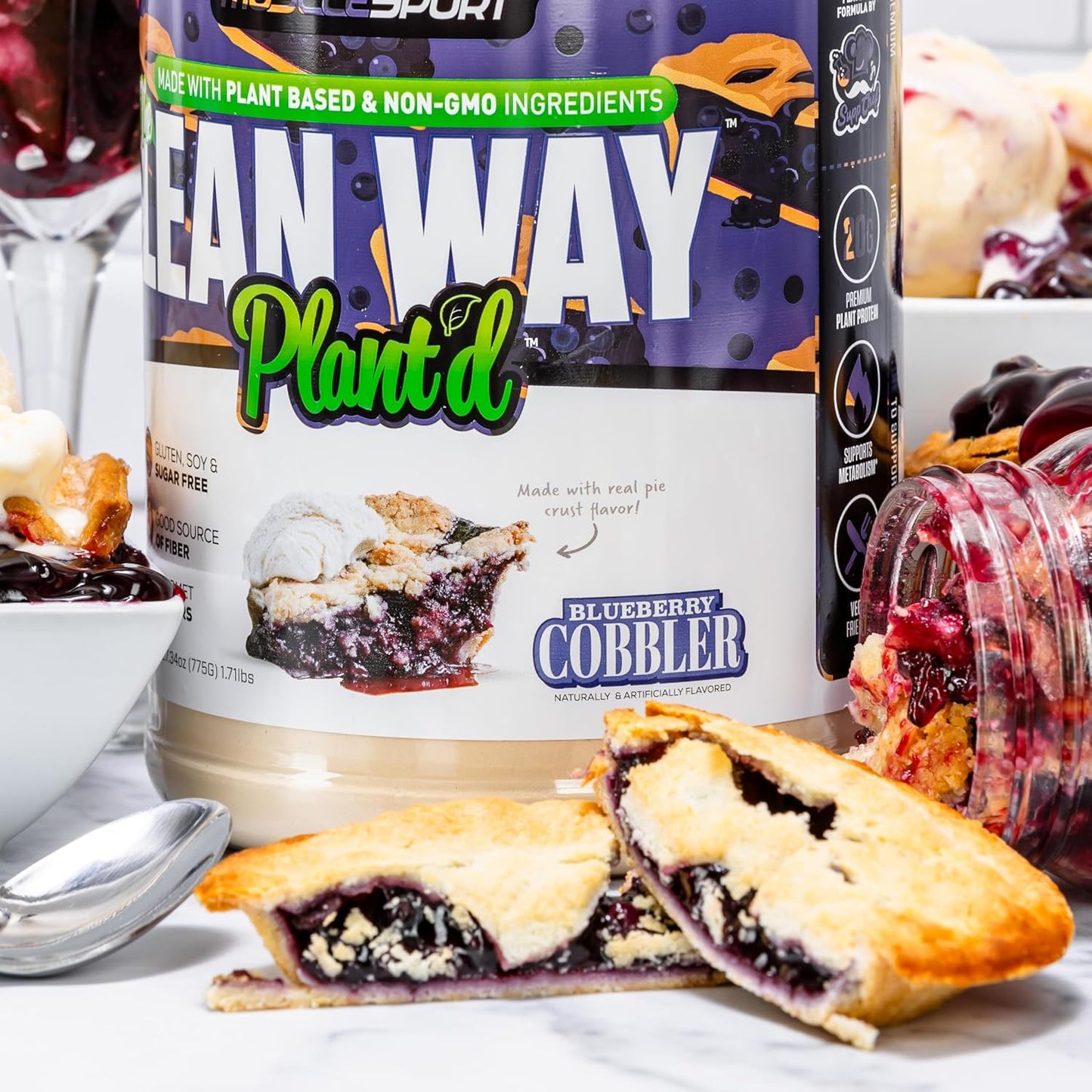 Musclesport Lean Way Plant Protein - Blueberry Cobbler Flavor with Pea & Brown Rice Protein, CLA, MCT, L-Carnitine - 20 Servings