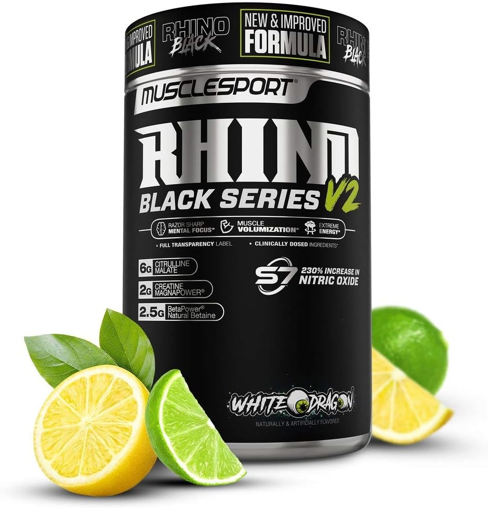 Musclesport Rhino Black V2 Pre Workout Powder Supplement - White Dragon Flavor - 460g - 20 Servings - Men & Women