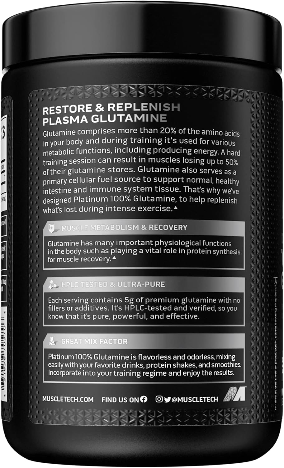 MuscleTech 100% Pure L-Glutamine Powder - Post Workout Recovery Drink for Men & Women - Unflavored - 60 Servings