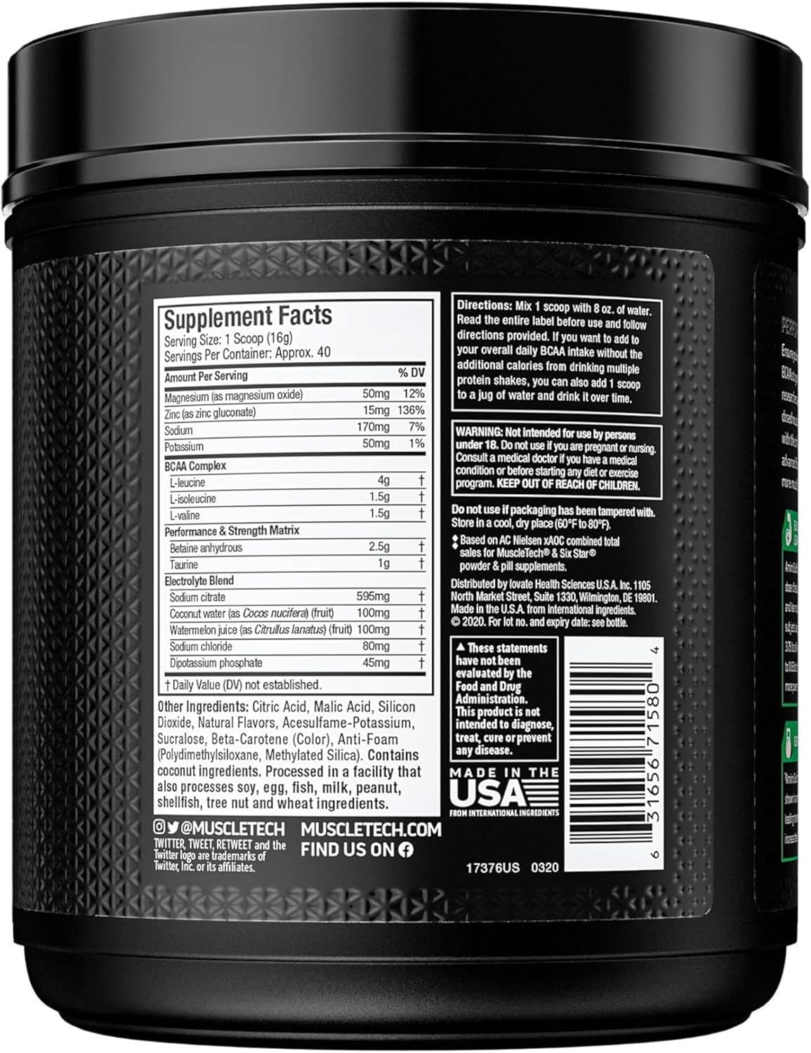MuscleTech Amino Build: BCAA Amino Acids + Electrolyte Powder for Muscle Recovery & Endurance, Tropical Twist, 40 Servings