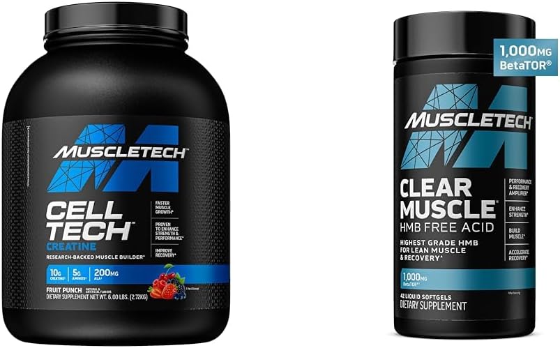 MuscleTech Cell-Tech Creatine Powder and Clear Muscle HMB Supplements Bundle for Muscle Building and Recovery, 6 lbs Powder and 42 Softgels