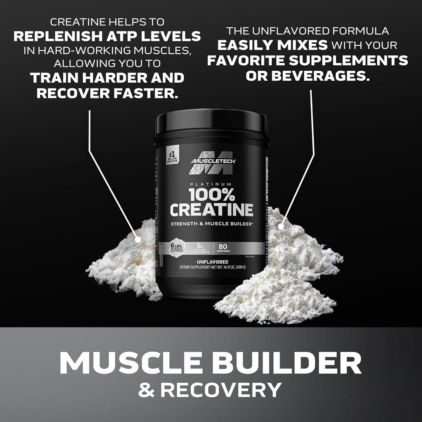 MuscleTech Platinum Pure Micronized Creatine Monohydrate Powder for Muscle Recovery and Building - Unflavored Workout Supplement (80 Servings)