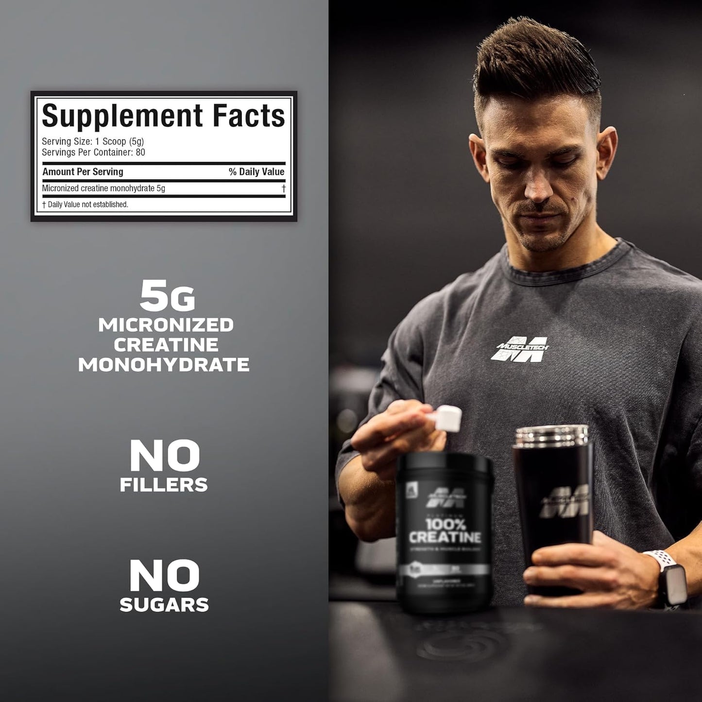 MuscleTech Platinum Pure Micronized Creatine Monohydrate Powder for Muscle Recovery and Building - Unflavored Workout Supplement (80 Servings)