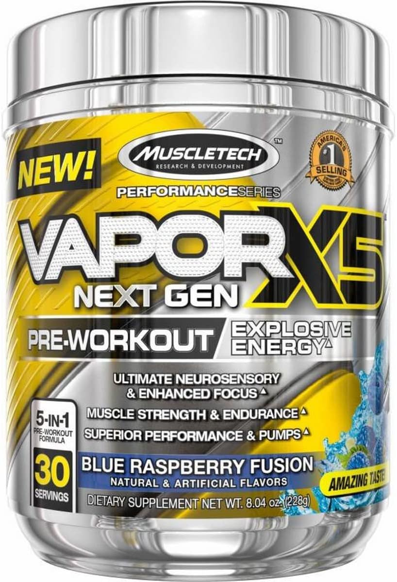 MuscleTech Vapor X5 Pre Workout Powder - Blue Raspberry Flavor - 30 Servings - for Men and Women - Sports Nutrition Energy Drink Mix