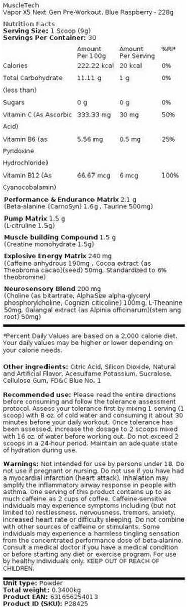 MuscleTech Vapor X5 Pre Workout Powder - Blue Raspberry Flavor - 30 Servings - for Men and Women - Sports Nutrition Energy Drink Mix
