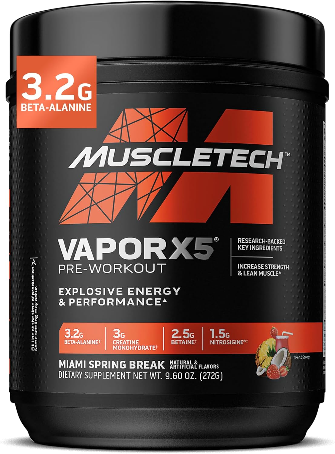MuscleTech Vapor X5 Pre Workout Powder for Men & Women - Energy Drink Mix Sports Nutrition Pre-Workout - Miami Spring Break (30 Servings)