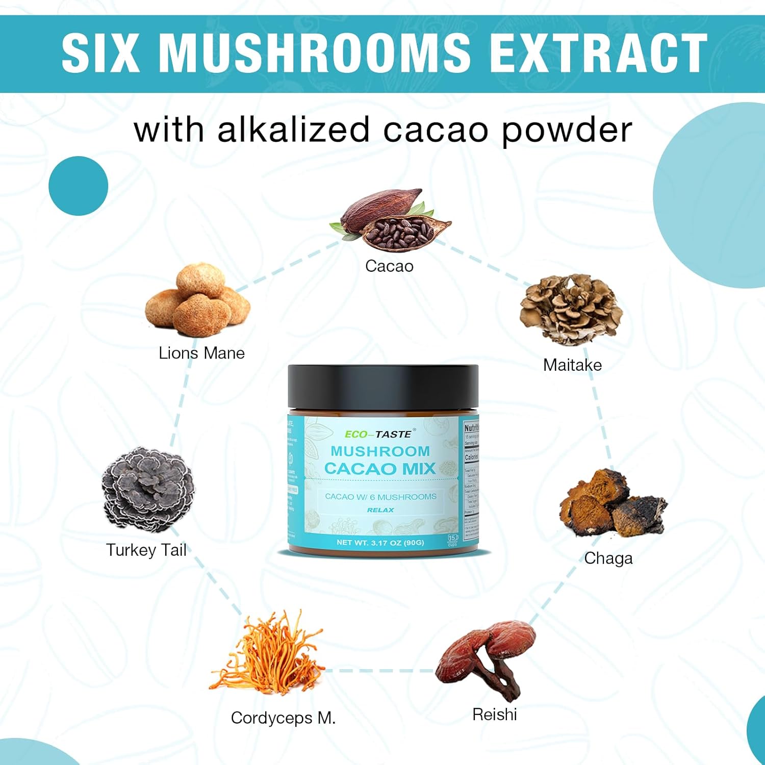Mushroom Cacao Mix with 1000mg Mushroom Extract - Vegan & Gluten-Free Coffee Alternative (3.17oz)