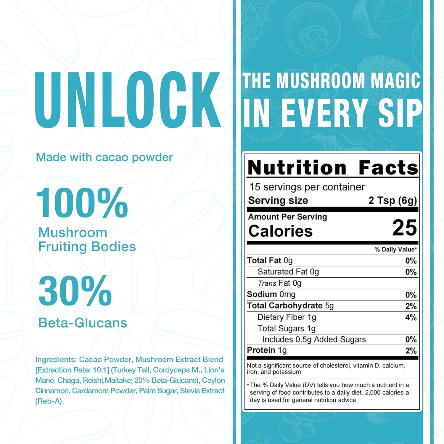 Mushroom Cacao Mix with 1000mg Mushroom Extract - Vegan & Gluten-Free Coffee Alternative (3.17oz)