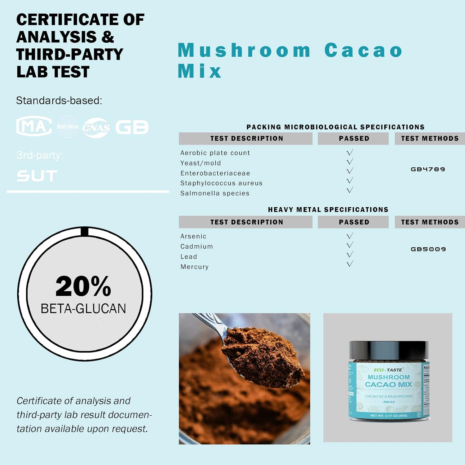 Mushroom Cacao Mix with 1000mg Mushroom Extract - Vegan & Gluten-Free Coffee Alternative (3.17oz)
