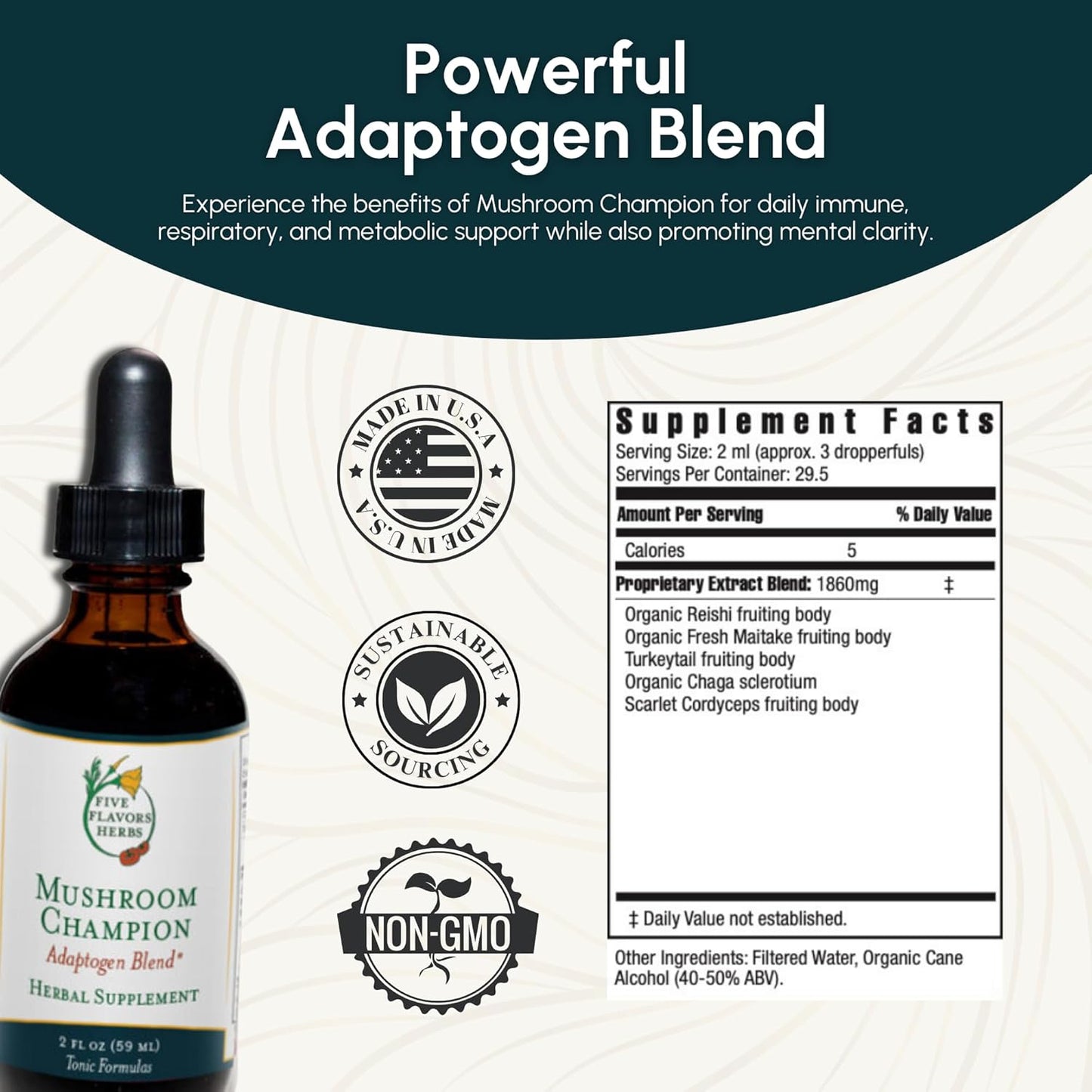 Mushroom Champion Tincture - Herbal Supplement for Metabolic, Immune, Respiratory Support - Reishi, Maitake Adaptogen Blend - 2 Fl Oz