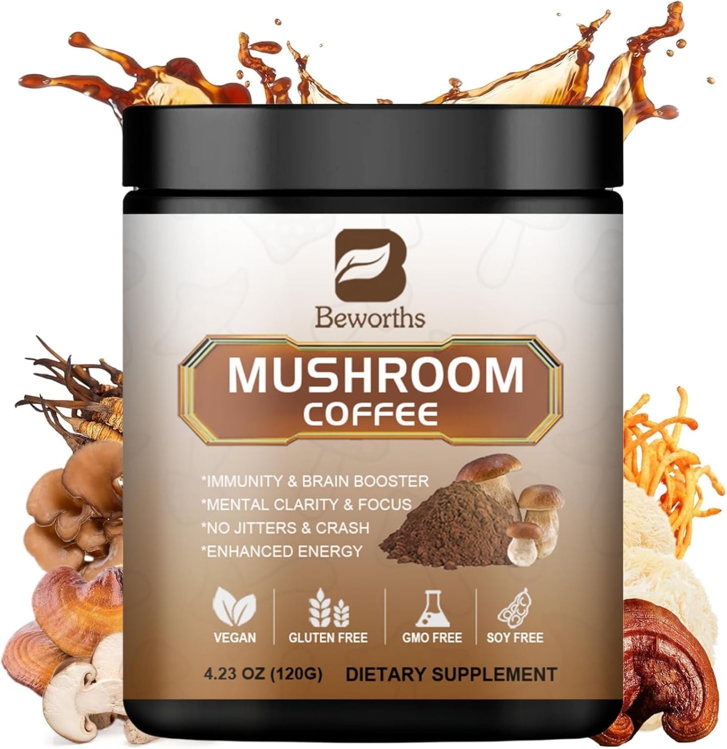 Mushroom Coffee Blend with Lions Mane, Reishi, Chaga, Cordyceps, and Turkey Tail - Instant Powder for Energy, Focus, Brain Boost - Chocolate Flavor