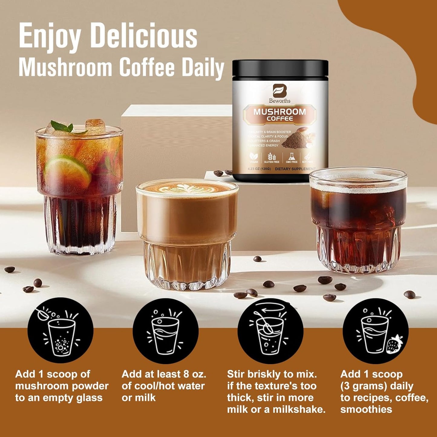 Mushroom Coffee Blend with Lions Mane, Reishi, Chaga, Cordyceps, and Turkey Tail - Instant Powder for Energy, Focus, Brain Boost - Chocolate Flavor