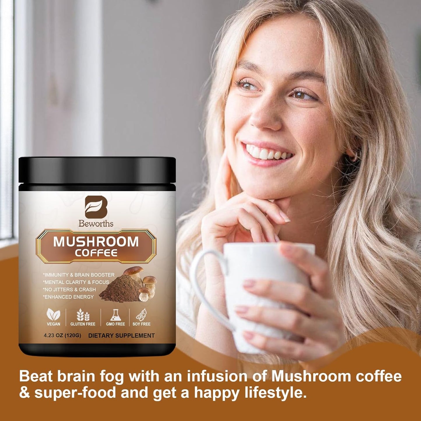Mushroom Coffee Blend with Lions Mane, Reishi, Chaga, Cordyceps, and Turkey Tail - Instant Powder for Energy, Focus, Brain Boost - Chocolate Flavor