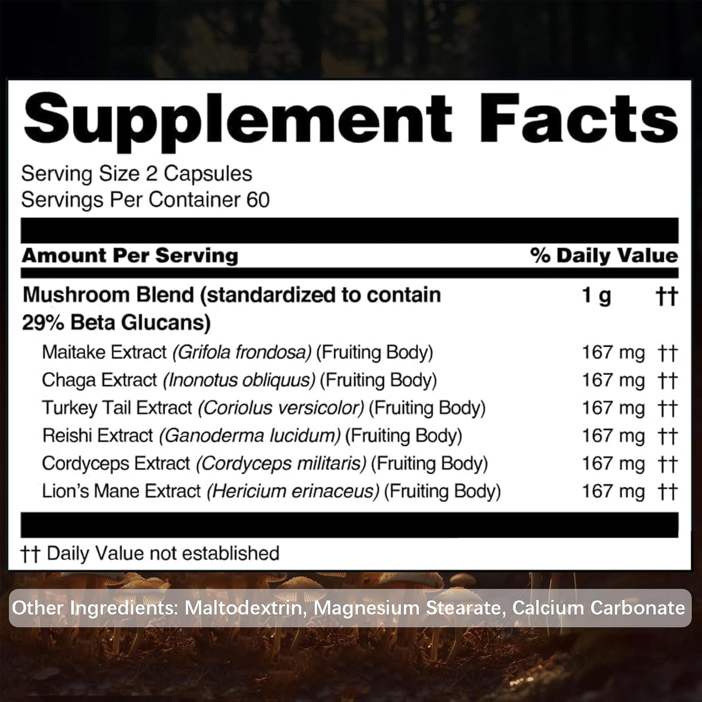 Mushroom Complex Capsules with Lions Mane, Cordyceps, Chaga, Reishi, Turkey Tail, Maitake, Brain Support Supplement for Memory and Focus - 60 Day Supply