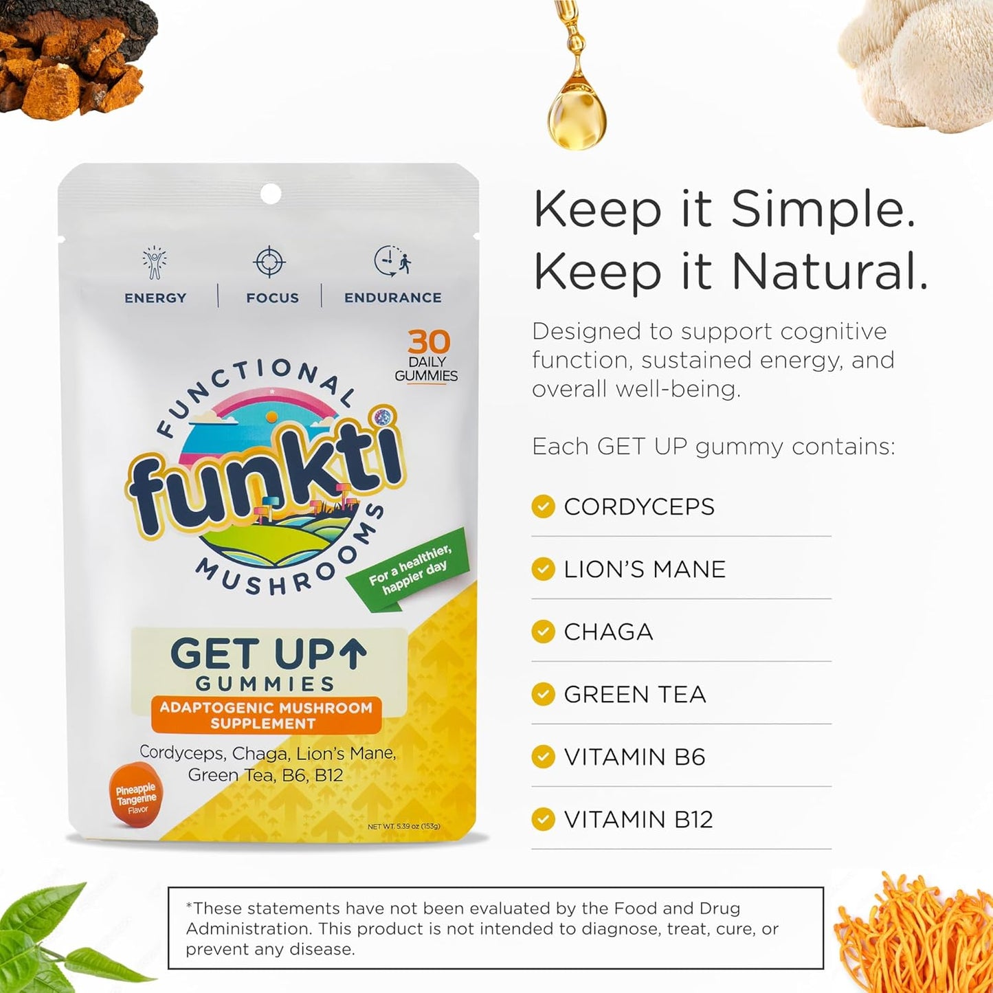 Mushroom Gummies for Adults with Lions Mane, Cordyceps, Chaga, B6, B12, Green Tea - Focus Supplement by Get Up Gummy