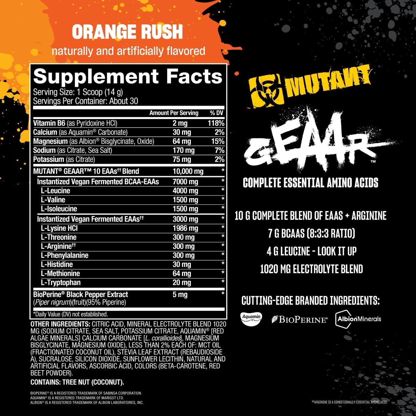 Mutant GEAAR EAA Powder Supplement with BCAAs, Leucine, Electrolytes, Coconut Water - Orange Rush Flavor, 30 Servings