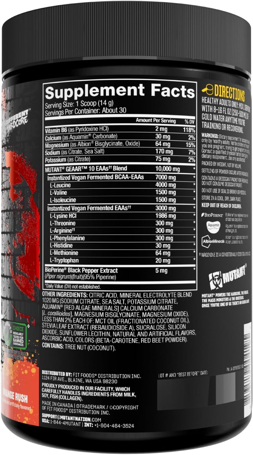 Mutant GEAAR EAA Powder Supplement with BCAAs, Leucine, Electrolytes, Coconut Water - Orange Rush Flavor, 30 Servings
