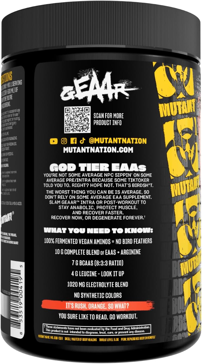 Mutant GEAAR EAA Powder Supplement with BCAAs, Leucine, Electrolytes, Coconut Water - Orange Rush Flavor, 30 Servings