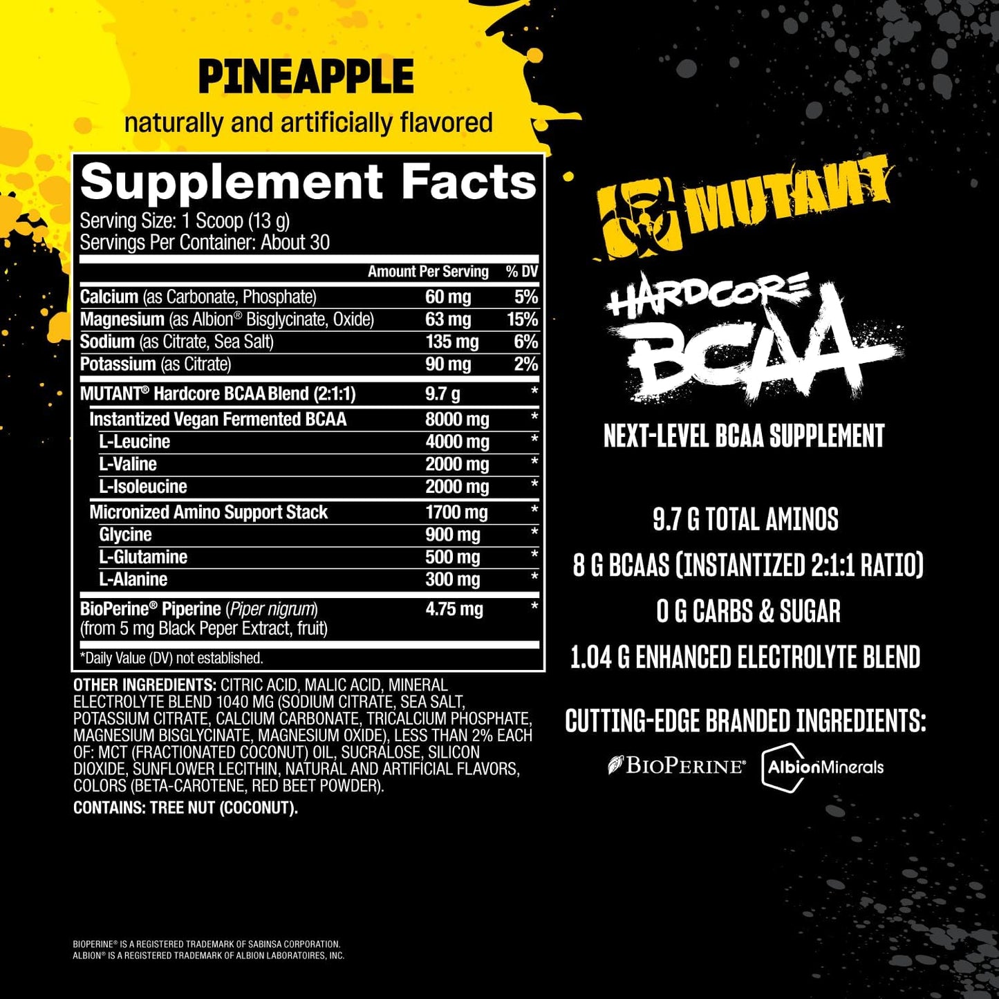 Mutant Hardcore BCAA Supplement for Pre, Intra, or Post Workout - Next Level Amino Acids with Hydration and Recovery Support - Pineapple Flavor - 30 Servings