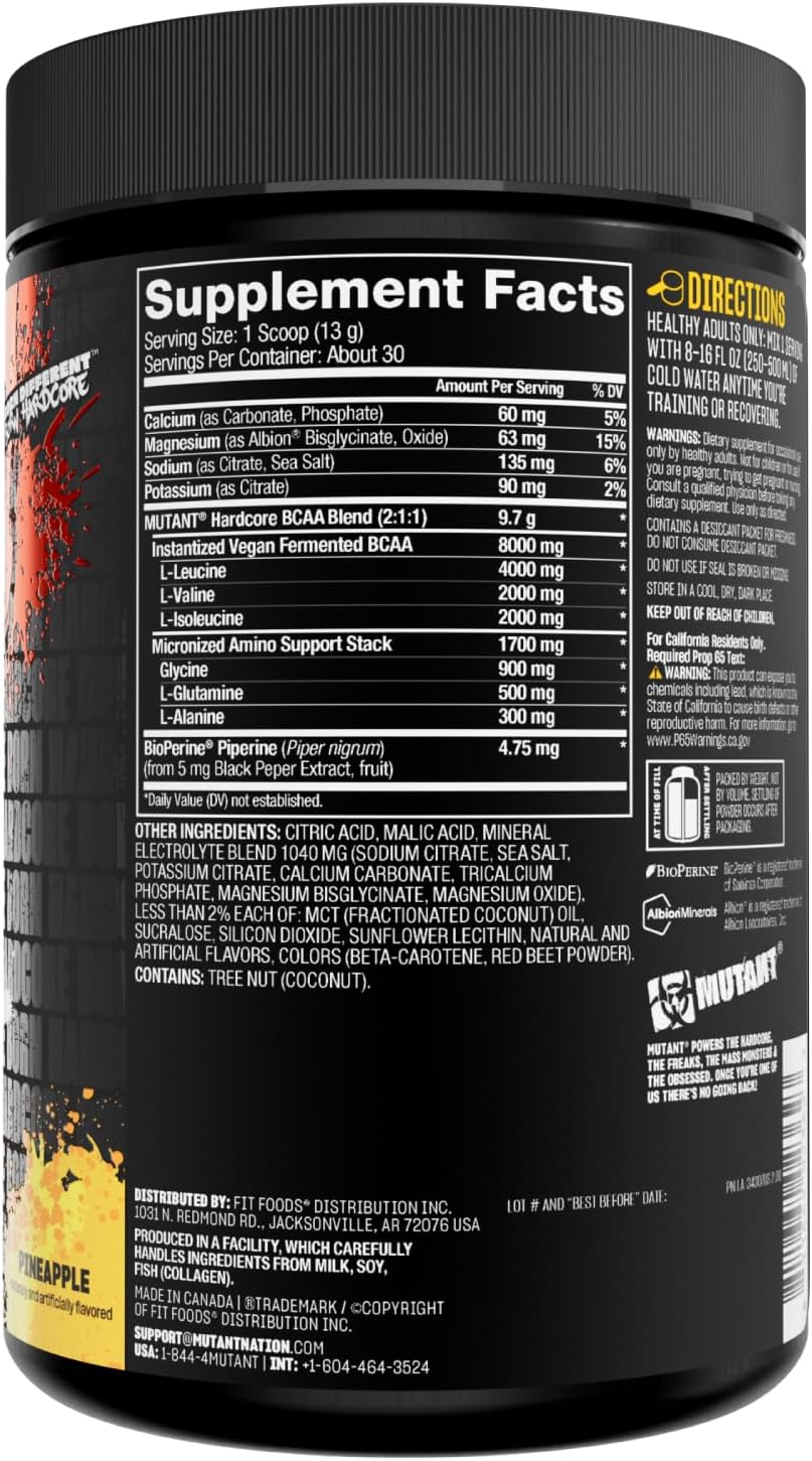 Mutant Hardcore BCAA Supplement for Pre, Intra, or Post Workout - Next Level Amino Acids with Hydration and Recovery Support - Pineapple Flavor - 30 Servings