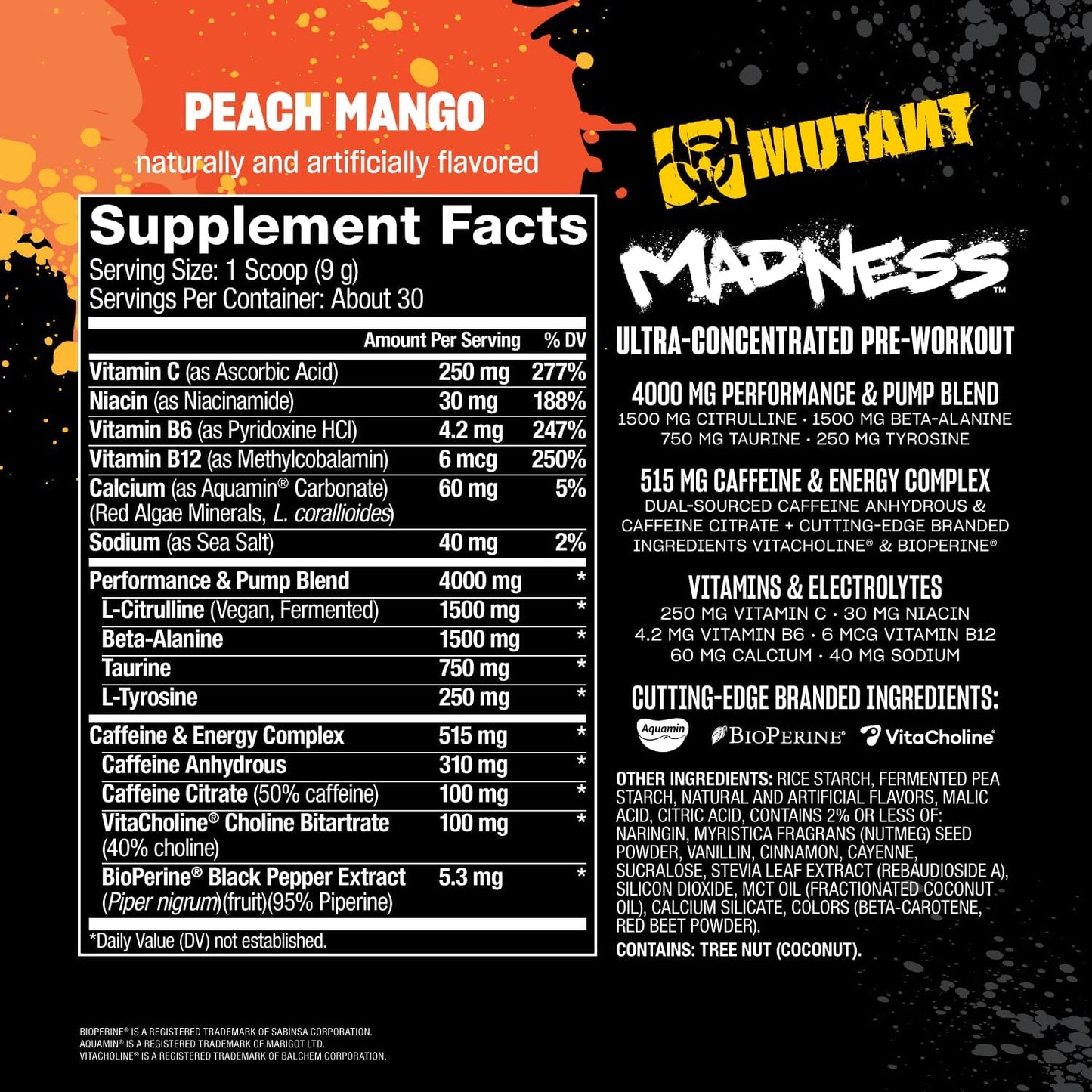 Mutant Madness Pre Workout Powder Supplement with L-Citrulline, Beta-Alanine, Taurine, L-Tyrosine for Performance and Pump - Peach Mango Flavor - 30 Servings