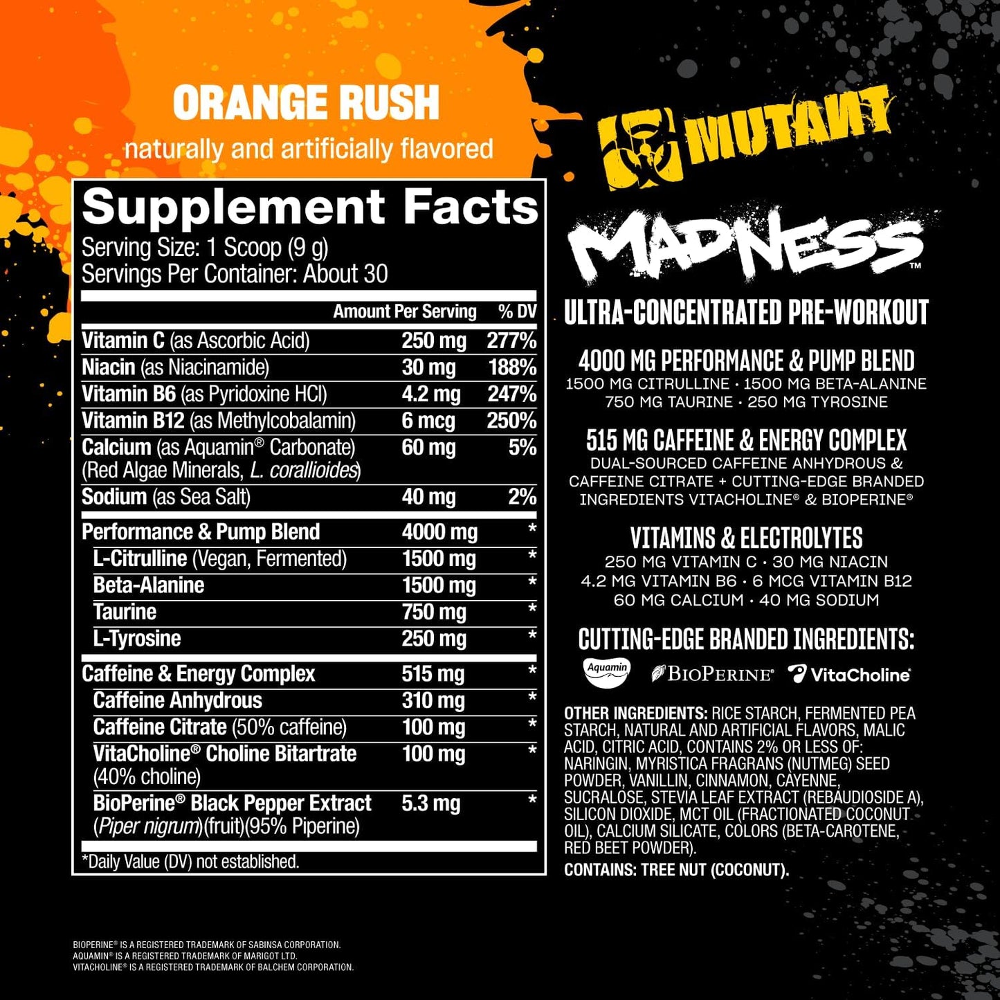 Mutant Madness Pre-Workout Powder Supplement with Performance and Pump Blend - 30 Servings, Orange Rush Flavor