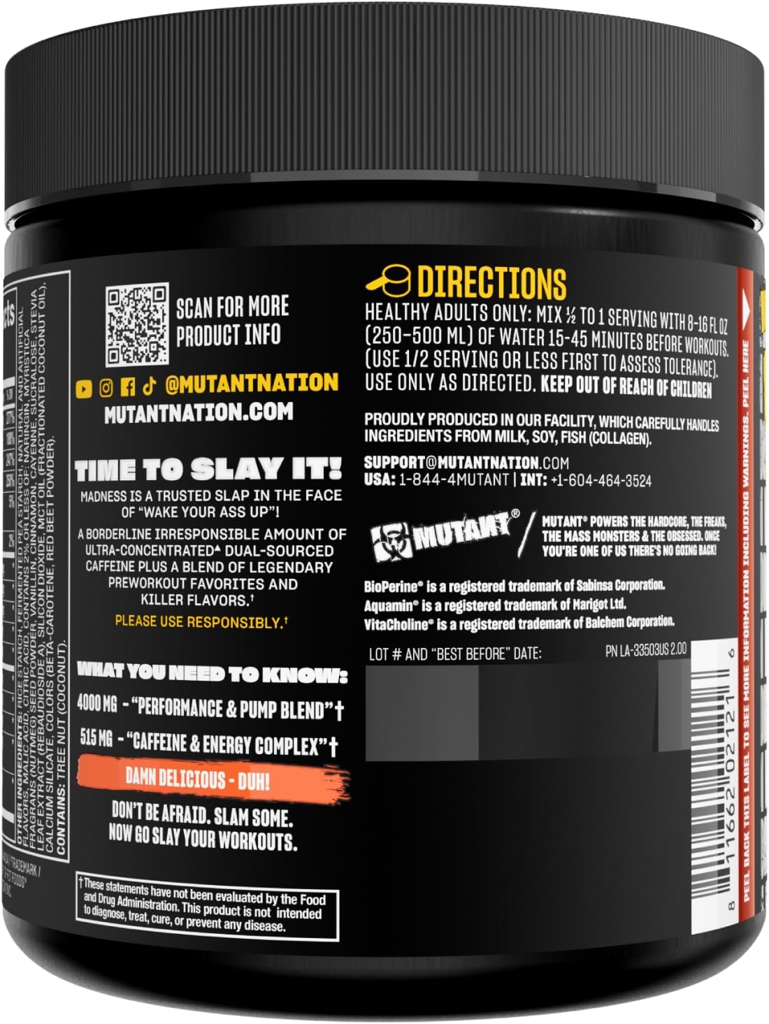 Mutant Madness Pre Workout Powder Supplement with L-Citrulline, Beta-Alanine, Taurine, L-Tyrosine for Performance and Pump - Peach Mango Flavor - 30 Servings