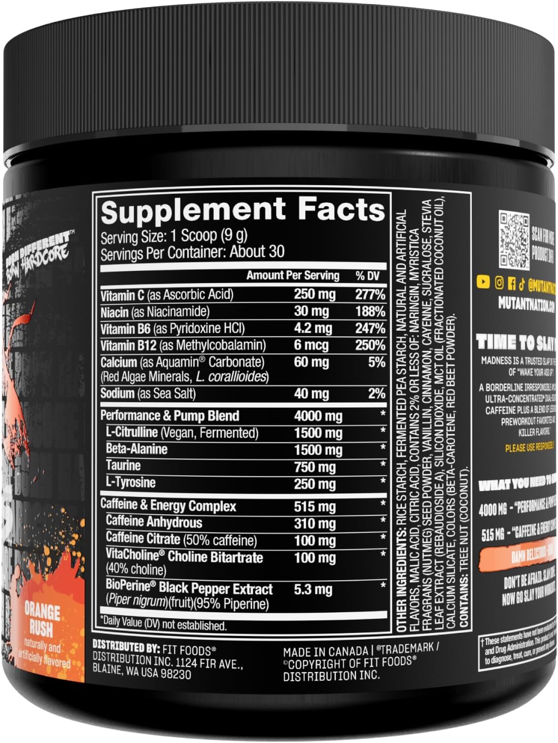 Mutant Madness Pre-Workout Powder Supplement with Performance and Pump Blend - 30 Servings, Orange Rush Flavor