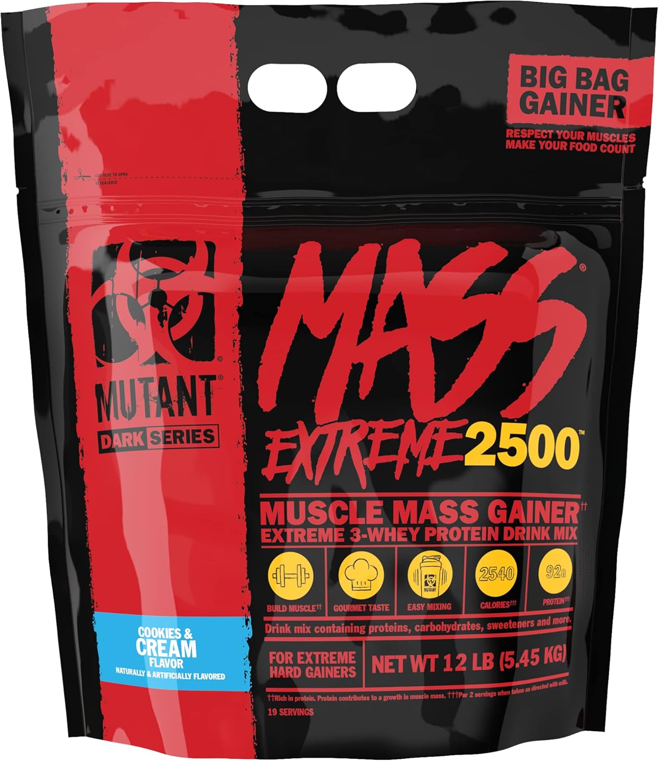 Mutant Mass Extreme Gainer Whey Protein Powder for Muscle Size and Strength - Cookies and Cream Flavor - 12 lbs