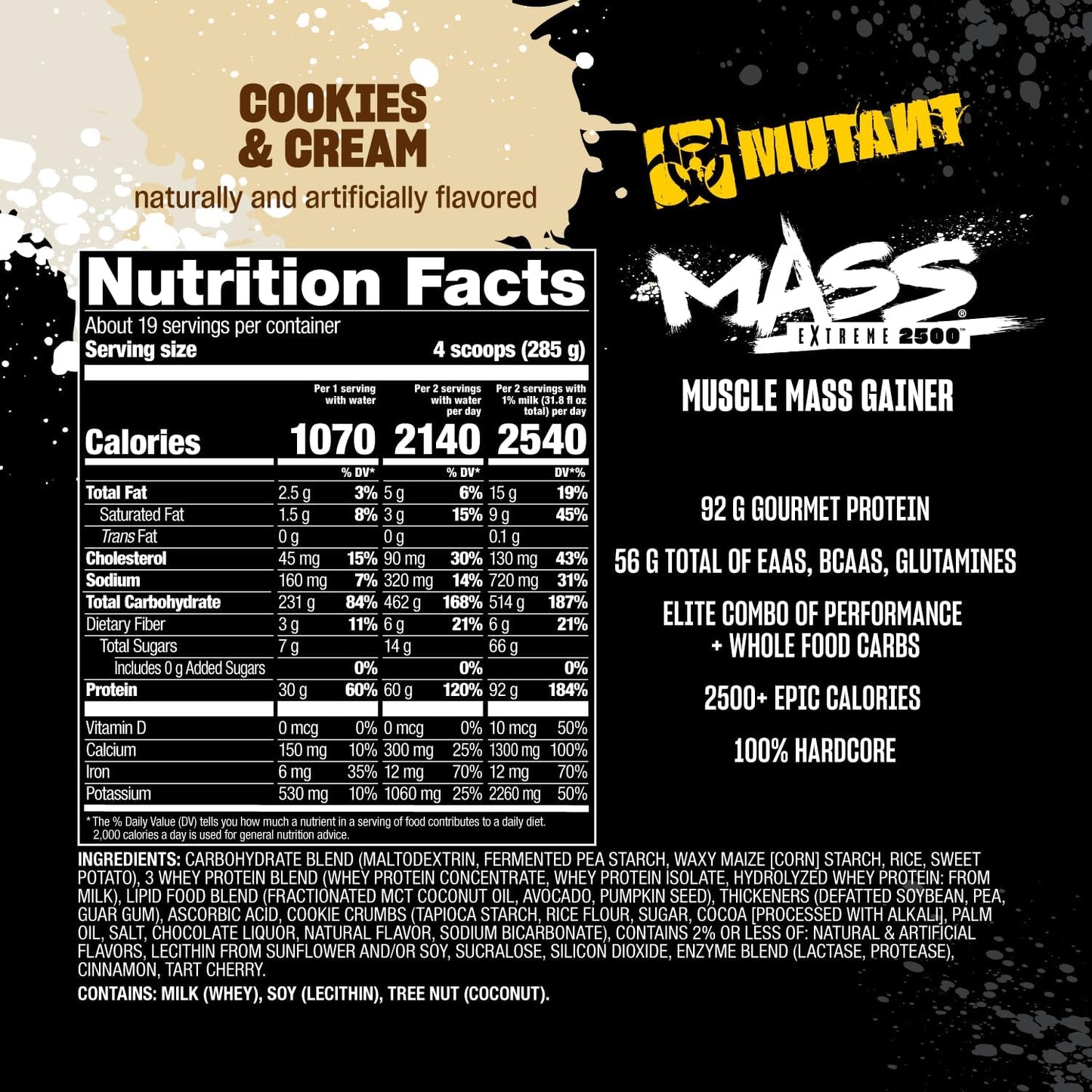 Mutant Mass Extreme Gainer Whey Protein Powder for Muscle Size and Strength - Cookies and Cream Flavor - 12 lbs