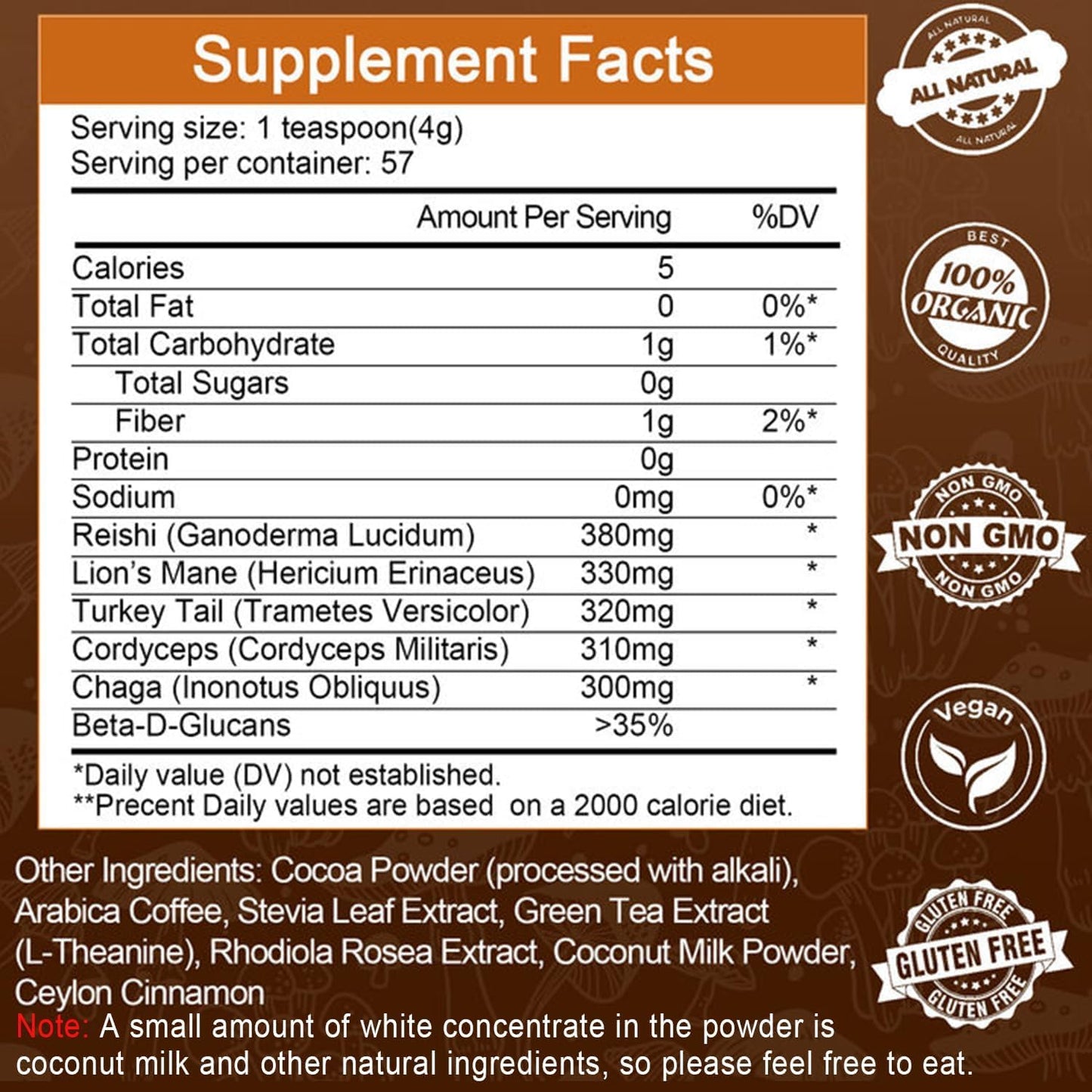 Mutsweet Mushroom Coffee Powder Blend (2 Pack, 57 Servings) with Lions Mane, Reishi, Cordyceps, Turkey Tail, Chaga for Energy, Focus, Immune Support - 8 oz