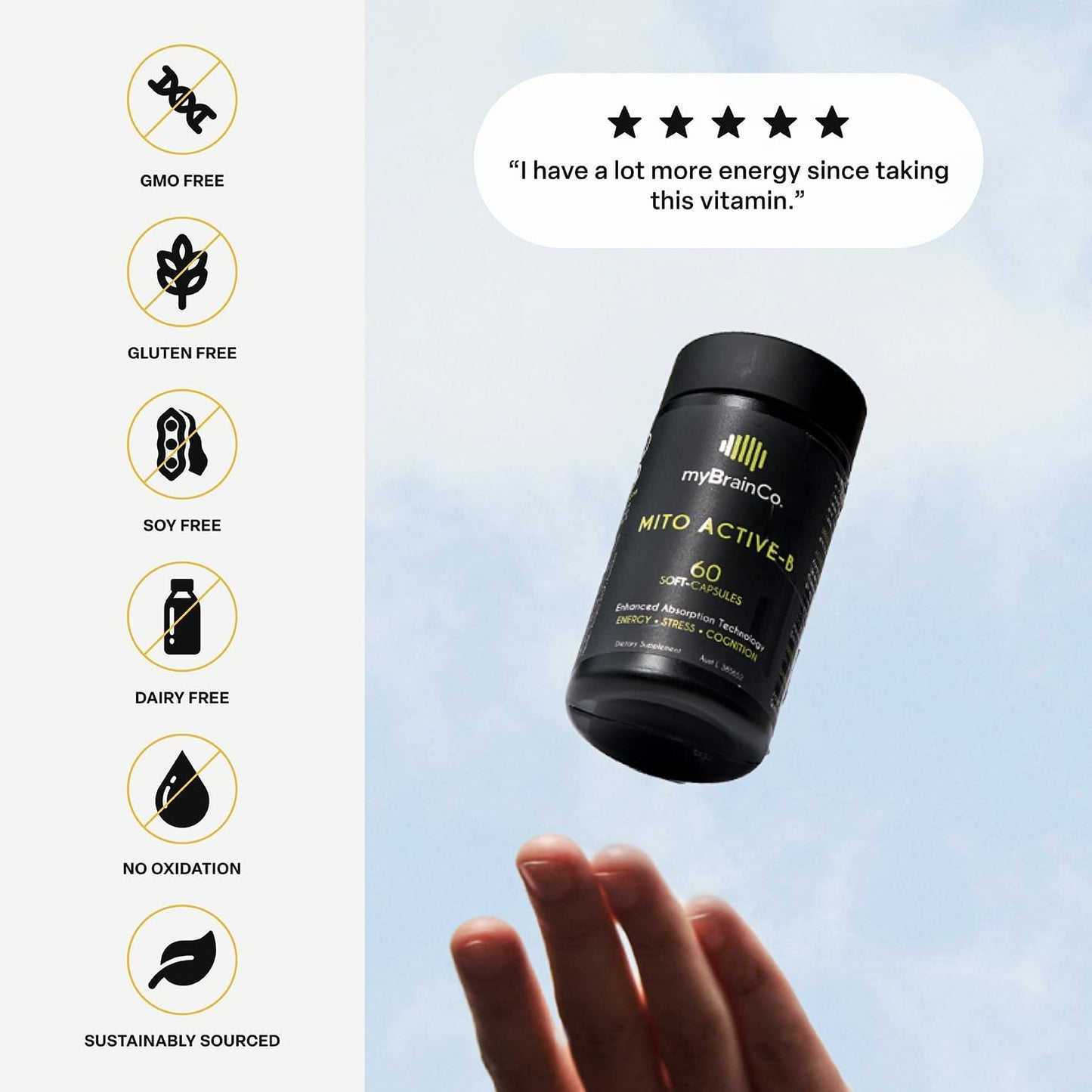 myBrainCo Active-B Complex Supplement - High Strength Vitamin B Complex with Activated B2, B6, B12, and Methyl-Folate - Supports Energy and Cognitive Function - 60 Vege-Capsules