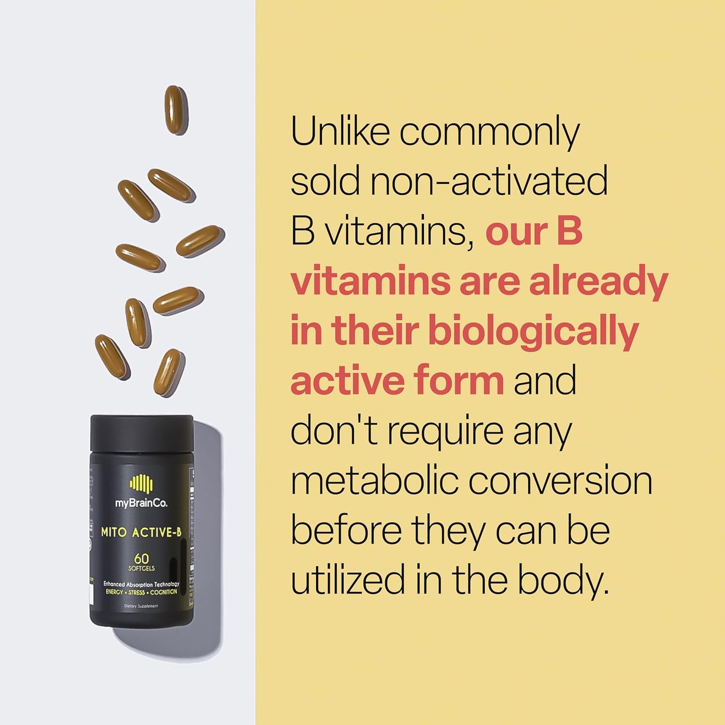 myBrainCo Active-B Complex Supplement - High Strength Vitamin B Complex with Activated B2, B6, B12, and Methyl-Folate - Supports Energy and Cognitive Function - 60 Vege-Capsules