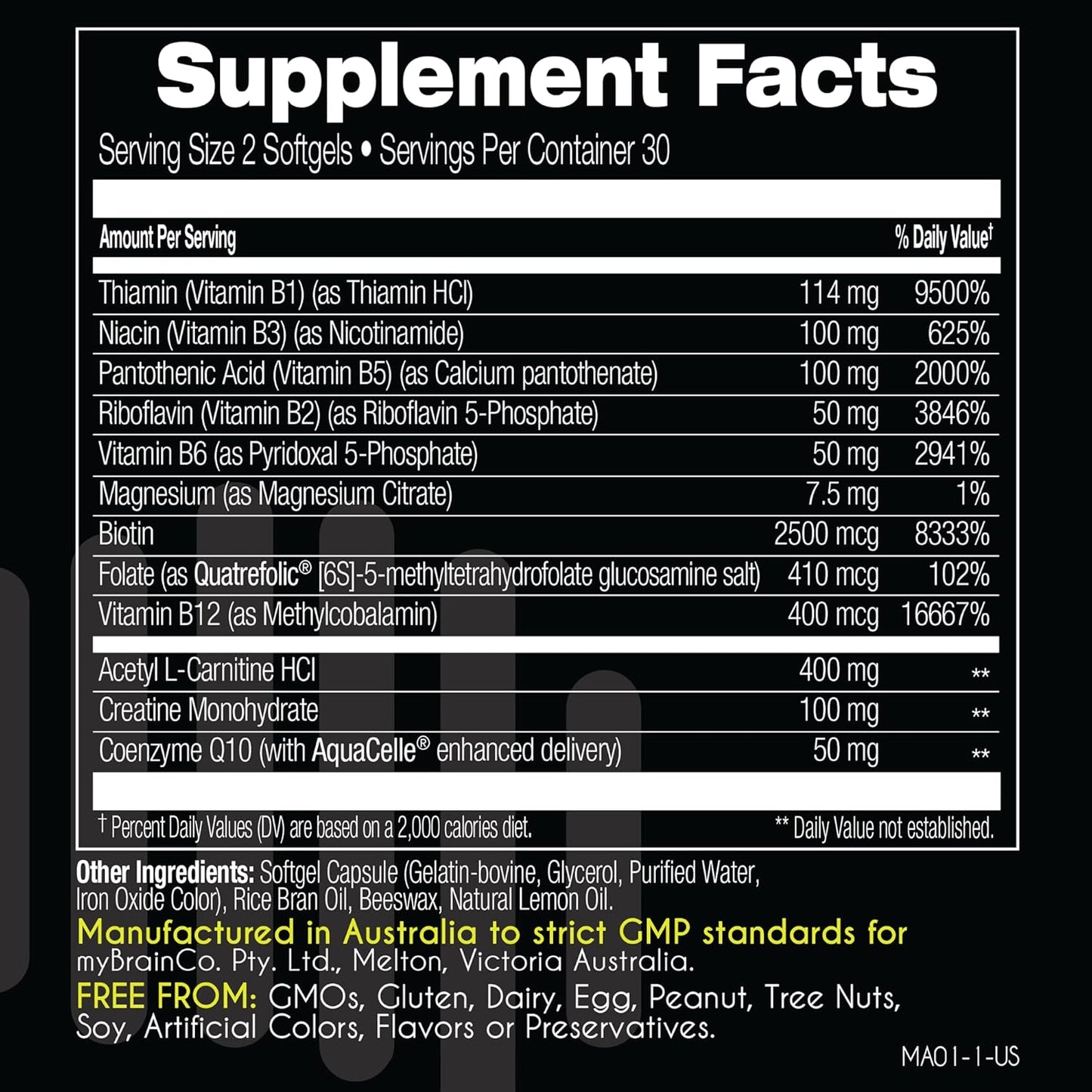 myBrainCo Active-B Complex Supplement - High Strength Vitamin B Complex with Activated B2, B6, B12, and Methyl-Folate - Supports Energy and Cognitive Function - 60 Vege-Capsules