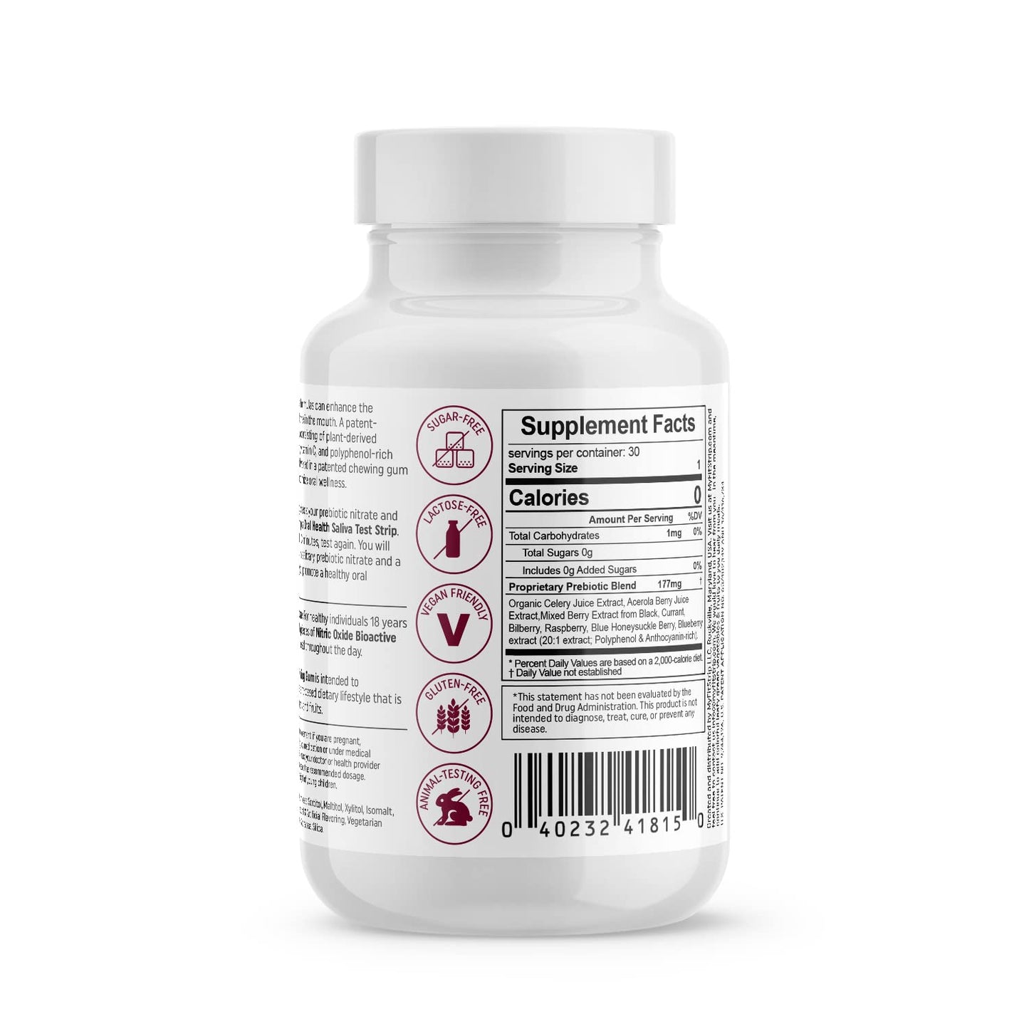 MyFitStrip Plant-Based Prebiotic Nitric Oxide Chewing Gum with Organic Leafy Celery Greens, Acerola Berry, Dark Berries, and Xylitol - 30 Tablets