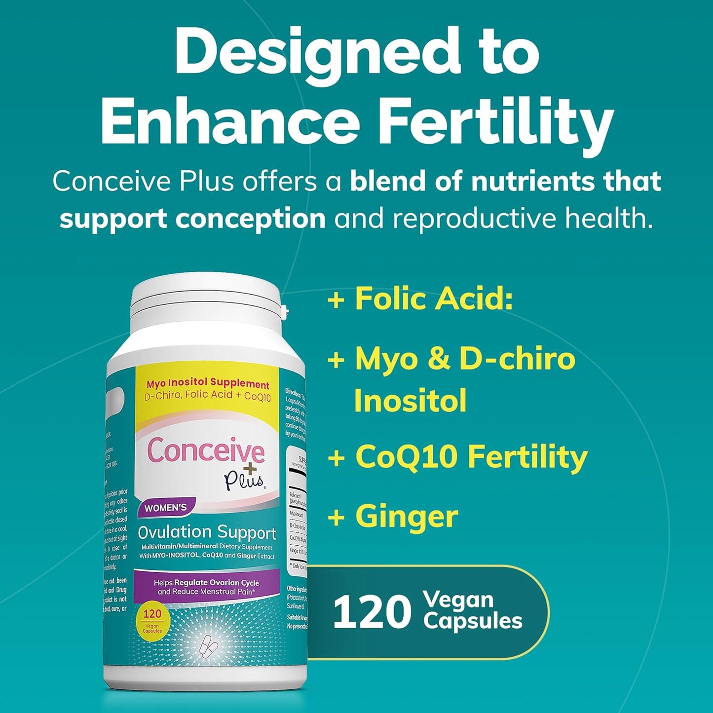 Myo-Inositol & D-Chiro Inositol Blend Ovulation Support Supplement with Coq10, Folic Acid, Ginger - PCOS Relief, Healthy Ovarian Support - Multi Vitamins for Women - 120 Capsules