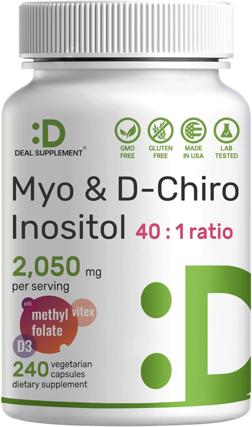 Myo-Inositol & D-Chiro Inositol Supplement 40:1 Ratio, 2,050mg - 240 Veg Caps - Folate, Vitamin D3, Vitex - Women's Health - Non-GMO