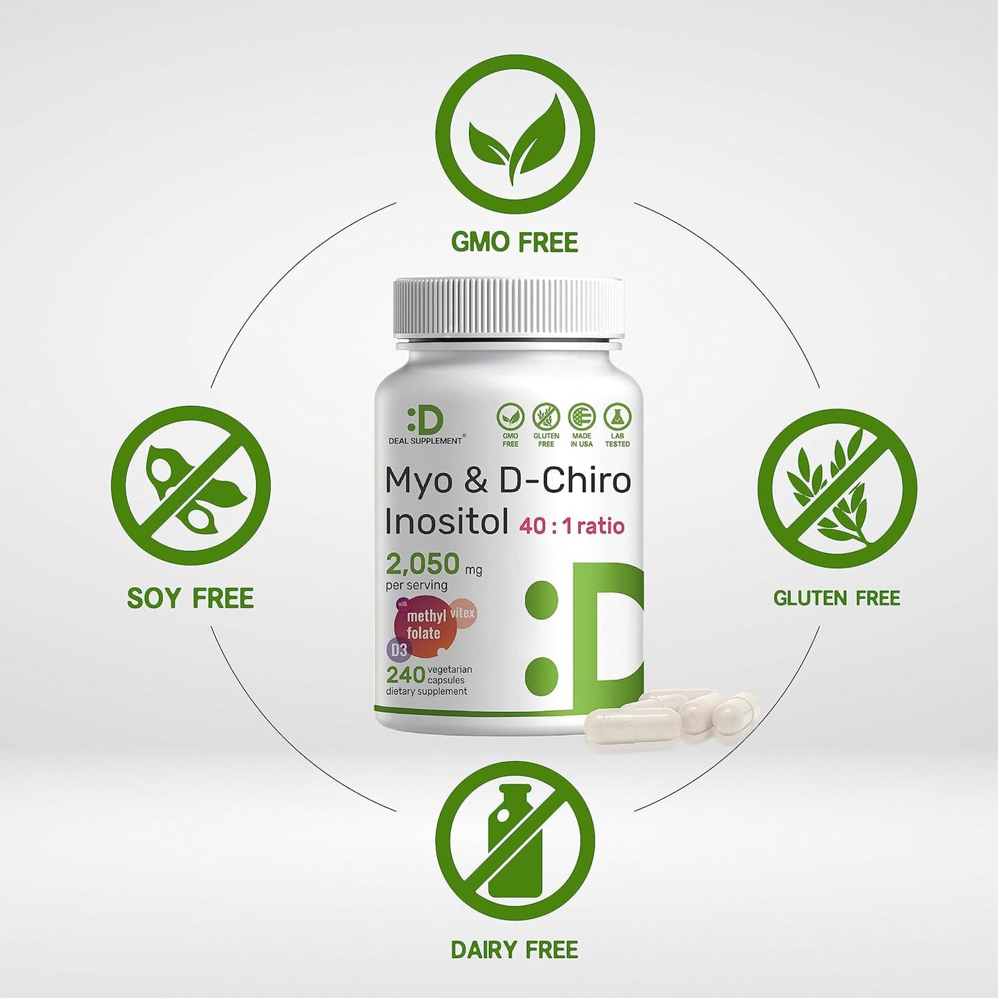 Myo-Inositol & D-Chiro Inositol Supplement 40:1 Ratio, 2,050mg - 240 Veg Caps - Folate, Vitamin D3, Vitex - Women's Health - Non-GMO