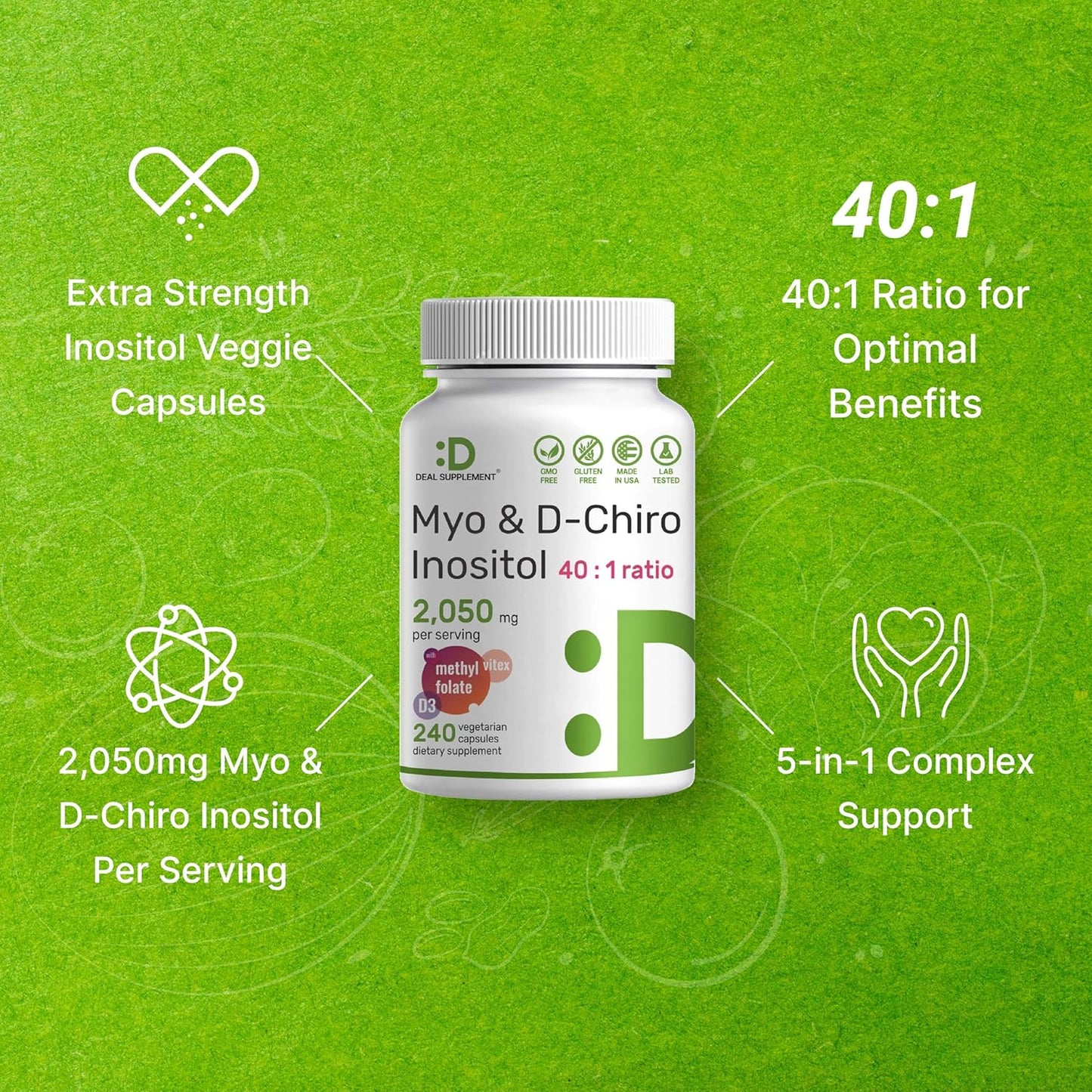 Myo-Inositol & D-Chiro Inositol Supplement 40:1 Ratio, 2,050mg - 240 Veg Caps - Folate, Vitamin D3, Vitex - Women's Health - Non-GMO