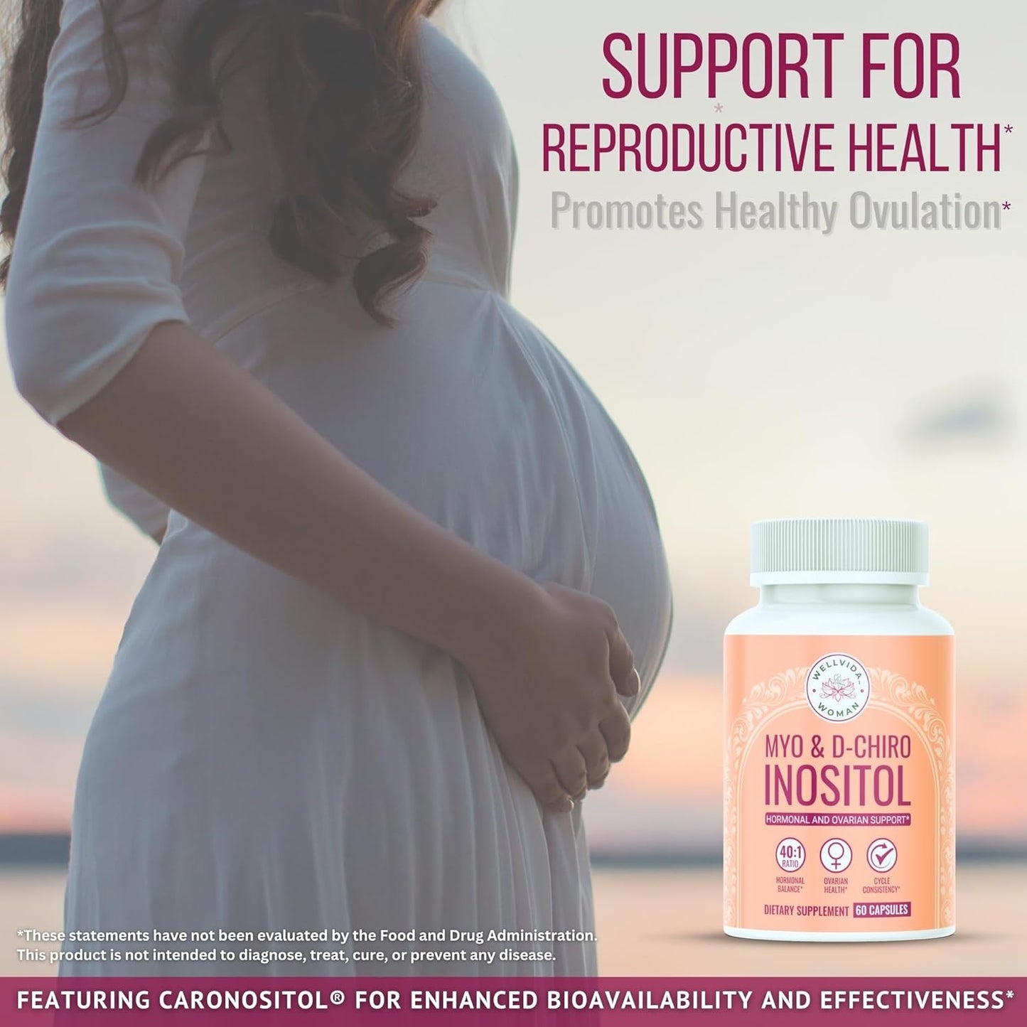 Myo-Inositol & D-Chiro Inositol Supplement for Ovarian Support - 60 Capsules, 1000mg Myo-Inositol & 25mg D-Chiro Inositol Capsules with Caronositol - Women's Daily Inositol Support
