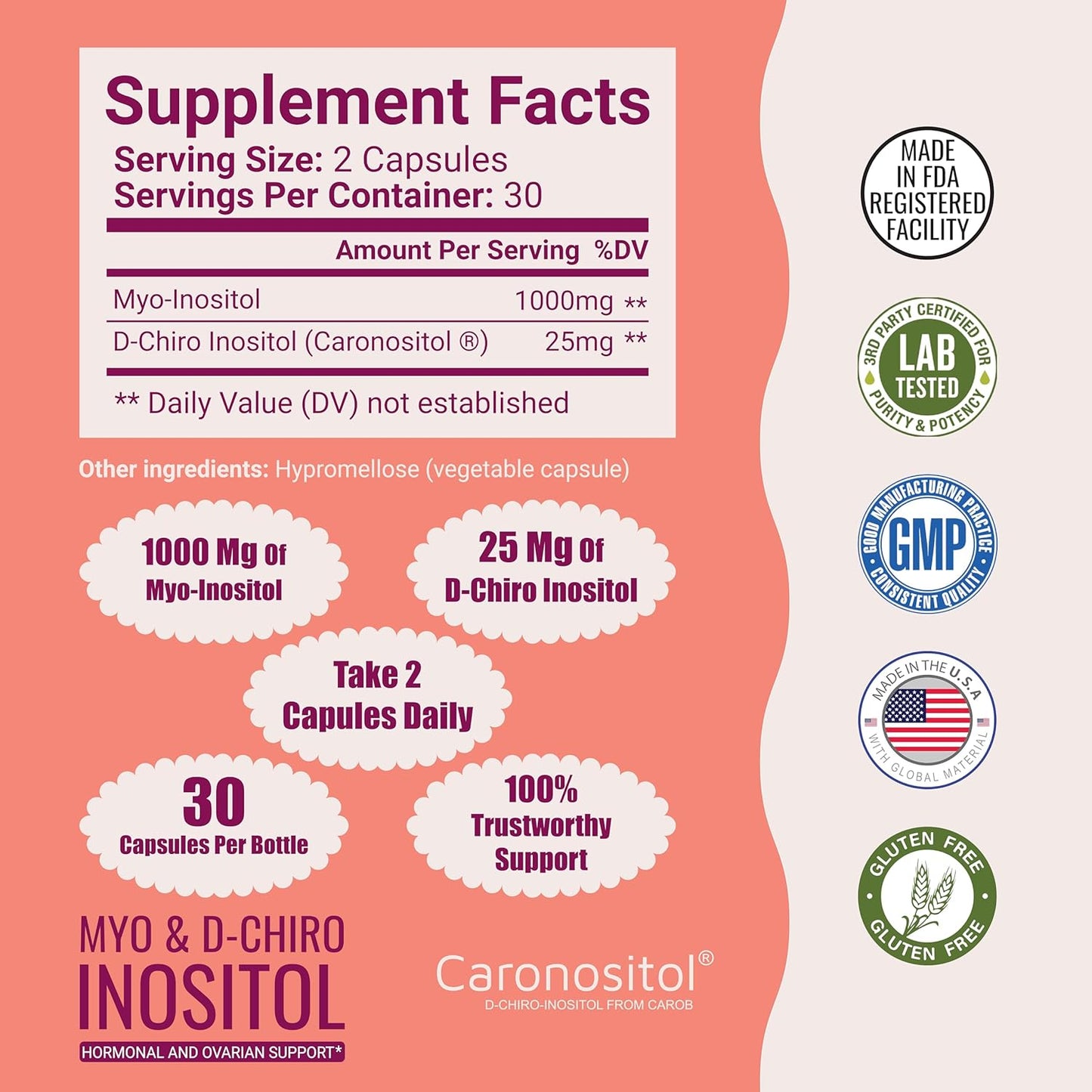 Myo-Inositol & D-Chiro Inositol Supplement for Ovarian Support - 60 Capsules, 1000mg Myo-Inositol & 25mg D-Chiro Inositol Capsules with Caronositol - Women's Daily Inositol Support