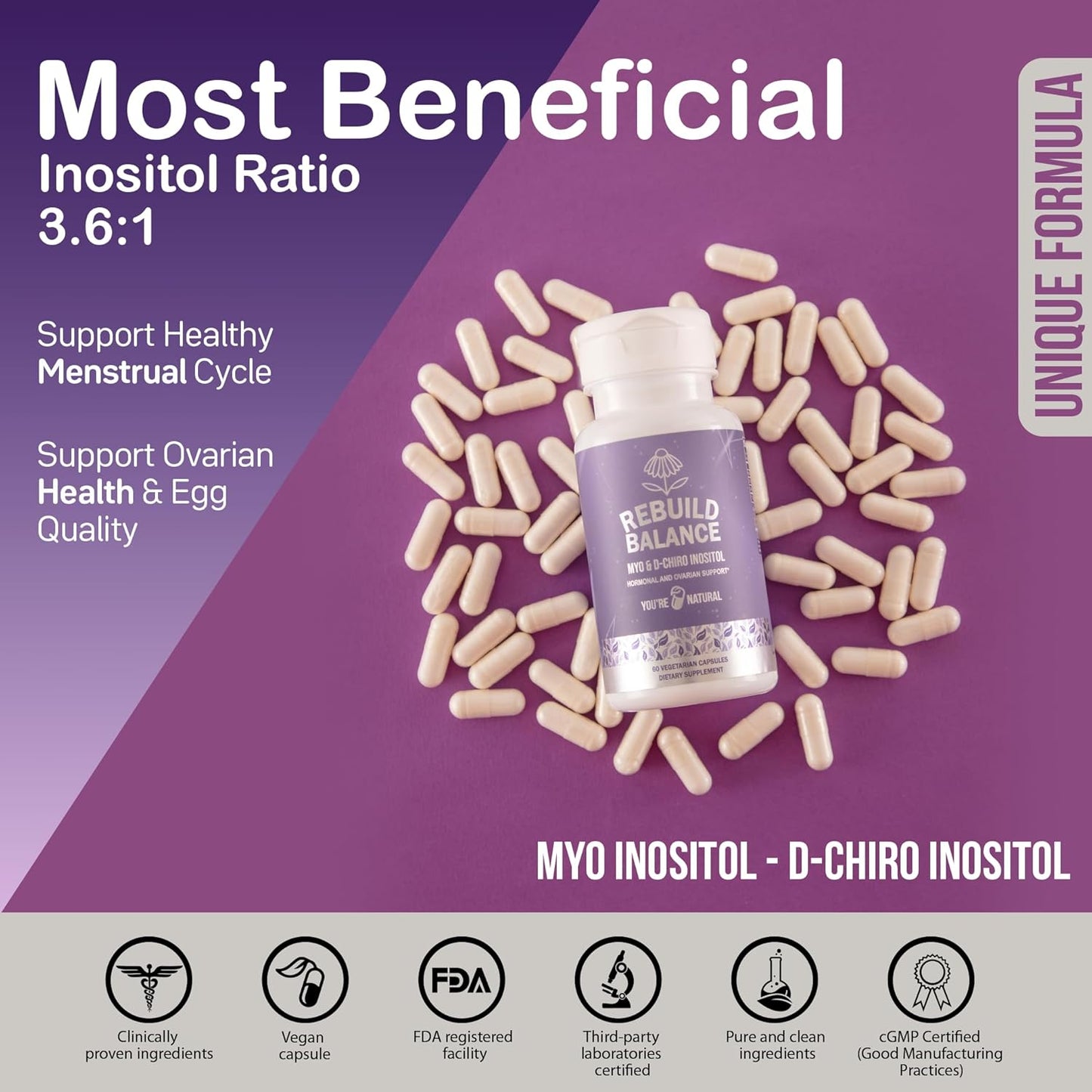 Myo-Inositol & D-Chiro Inositol with Probiotics for Hormone Balance in Women - Regulate Menstrual Cycle & Support Ovarian Health - PCOS Supplement - Vegan Capsules - 30-Day Supply