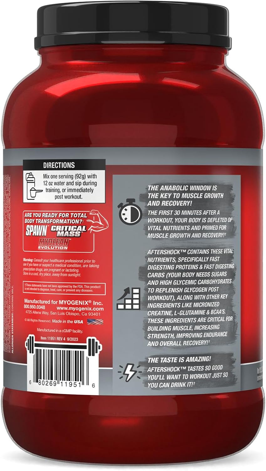 Myogenix Aftershock Post Workout Orange Avalanche 2.64 LBS - Anabolic Whey Protein for Muscle Growth with Carbs, Amino Stack, Creatine, Glutamine, BCAAs