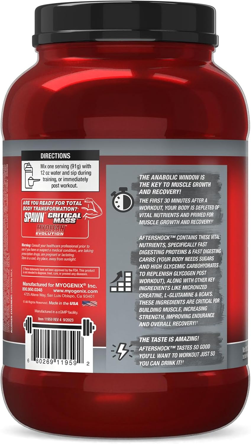 Myogenix Aftershock Post Workout Protein for Muscle Growth - Anabolic Whey with Carbs, Amino Stack, Creatine, Glutamine, BCAAs | Shockolate Milk - 2.64 LBS